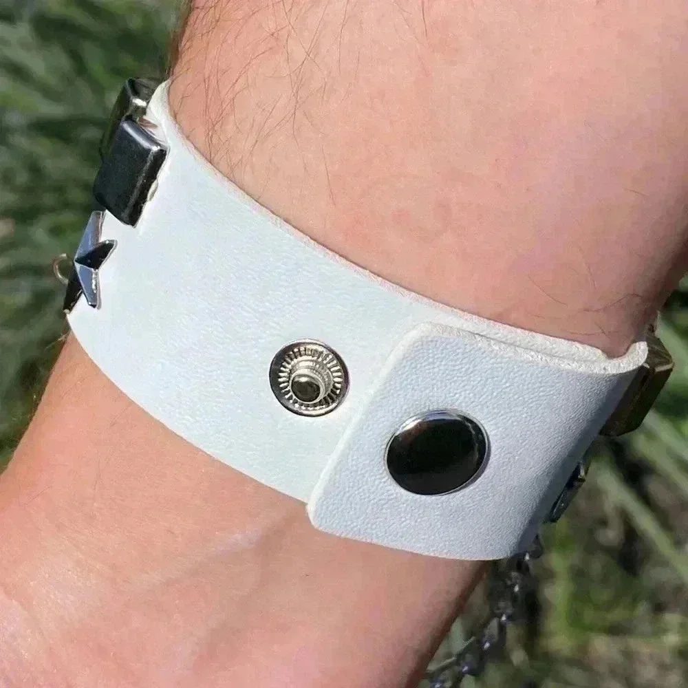 White Leather Punk Goth Rock Star Chain Metal Stud Snap Chain Cuff Bracelet NWT